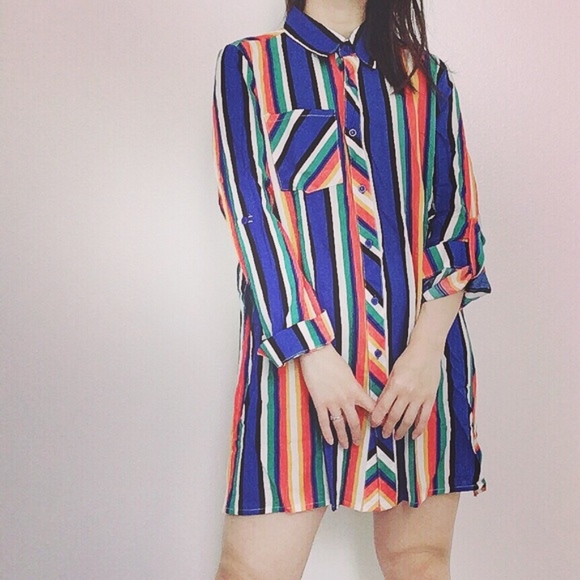 Velzera Dresses & Skirts - 💛NWT rainbow stripe button-down shirt dress